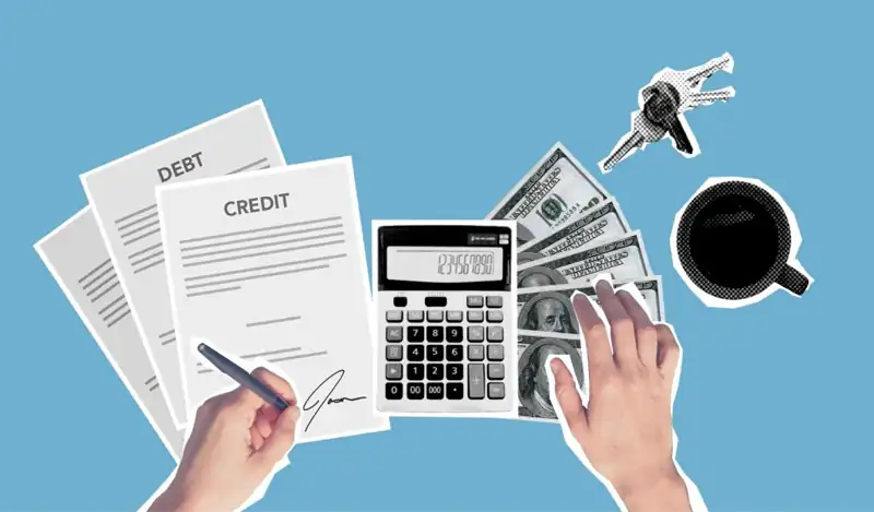 Credit and debt documents, calculator, cash, keys, and coffee on a blue background representing Personal Loans Near Me, Personal Loans Online Lenders, Personal Loans for Consolidating Debt, Personal Loans Credit Union, and Personal Loans Bad Credit solutions.